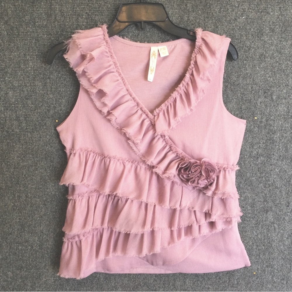 ADIVA sheer fabric BLOUSE.  Thready ruffles, shirring, fabric flower, lined.